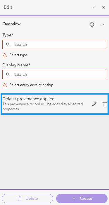 Default provenance is applied in the project. The sourceName appears as the title of the default provenance in the Edit pane.